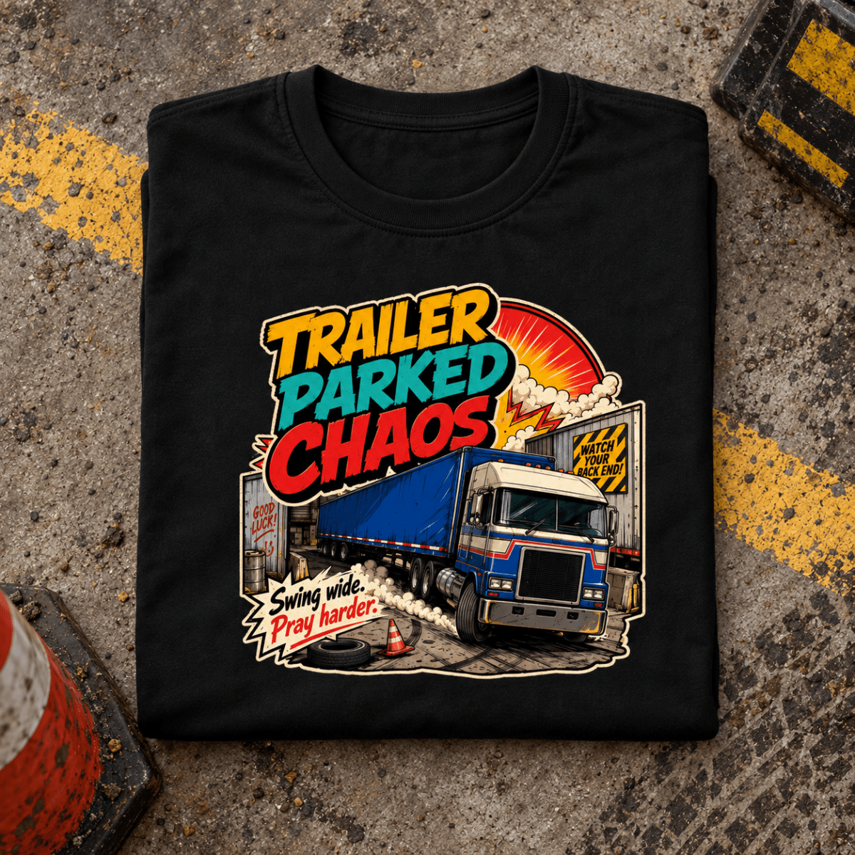 Camberline Trailer Parked Chaos black T-shirt folded front hero