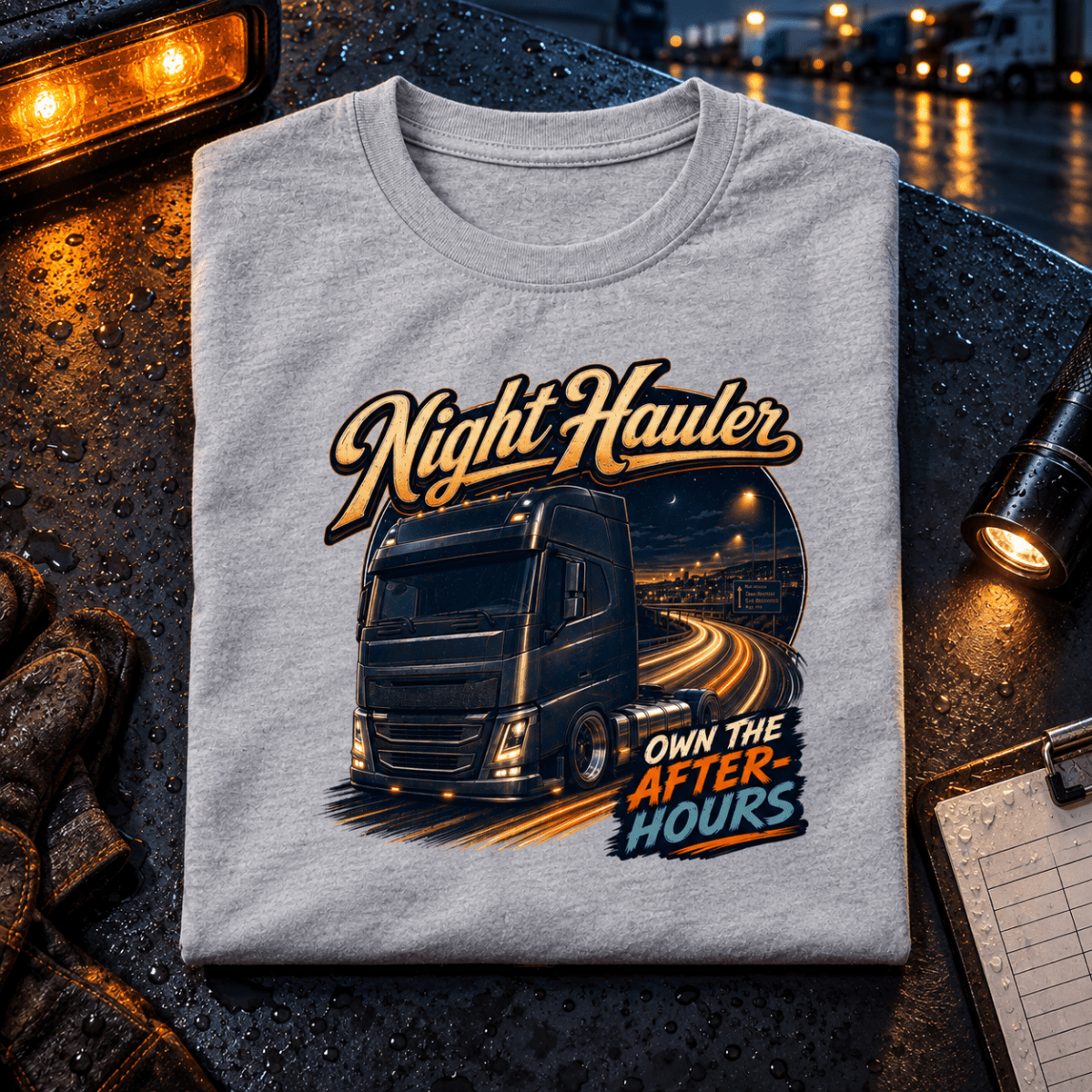 Camberline Night Hauler grey lorry T-shirt folded front hero
