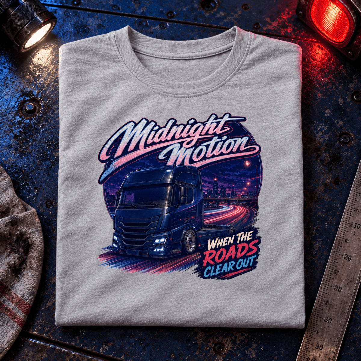 Camberline Midnight Motion grey lorry T-shirt folded front hero