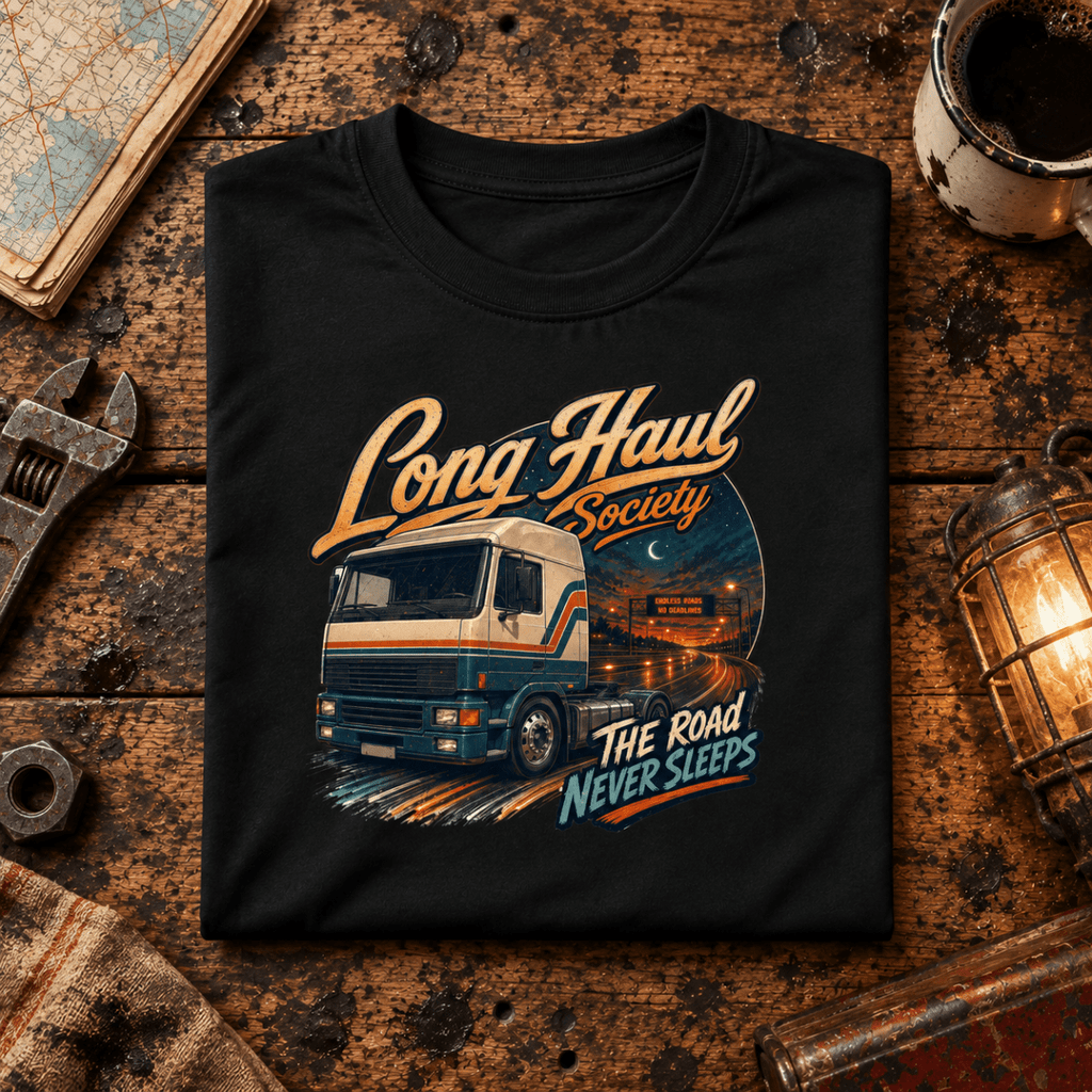 Long Haul Society black folded-front retro workshop product hero