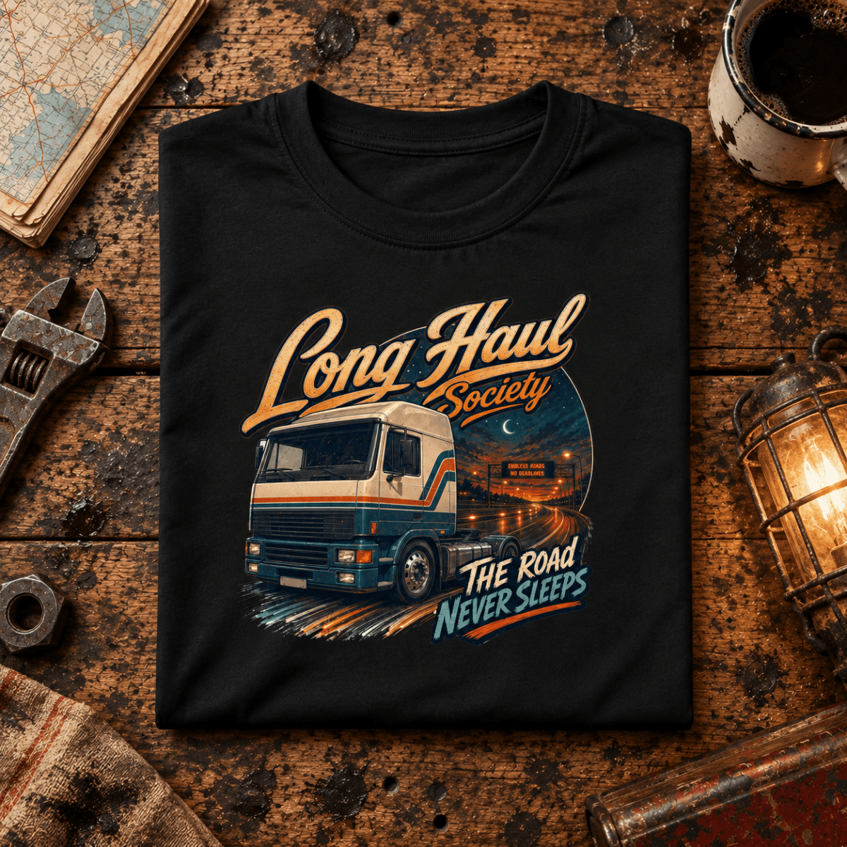 Long Haul Society black folded-front retro workshop product hero