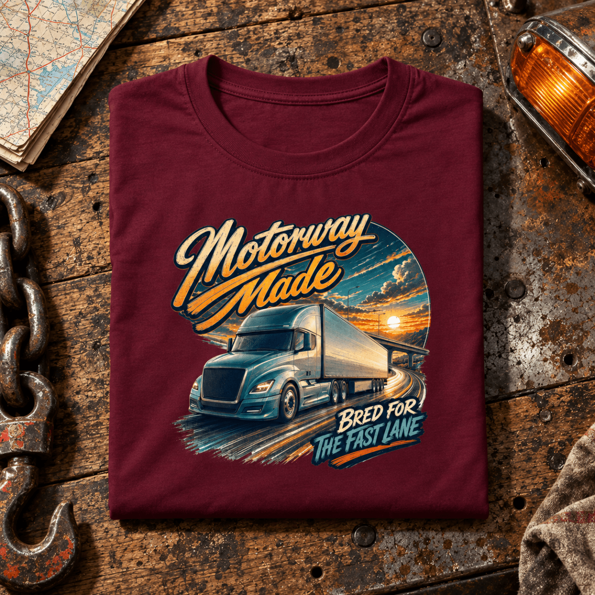 Motorway Made burgundy folded-front long-haul product hero