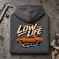 Muscle Car Graphic Hoodie – Low Life V8 Custom, folded back hero on a worn automotive workbench – car-hd-0074