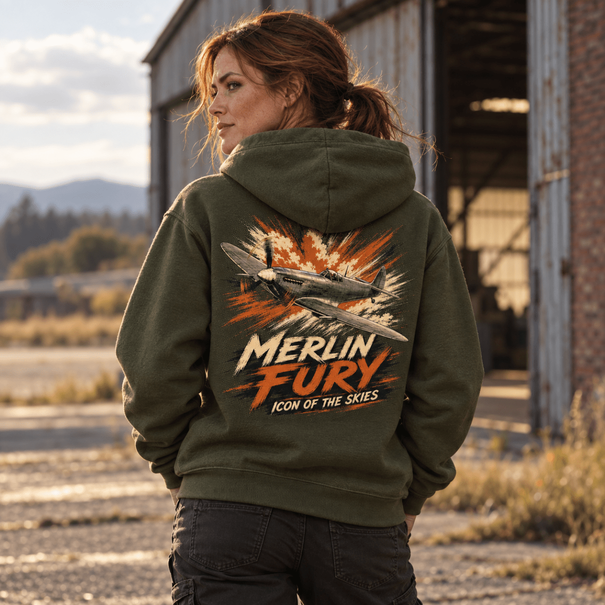 Spitfire Merlin Fury hoodie in Military Green, back view worn by a model