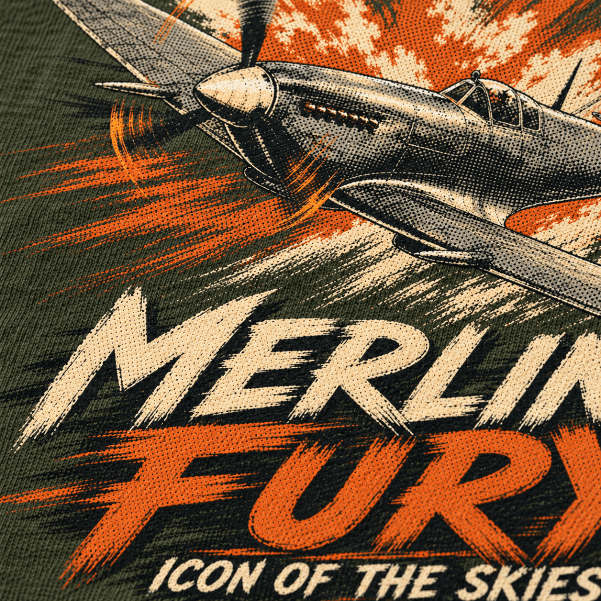 Spitfire Merlin Fury t-shirt in Military Green, close-up of the halftone artwork