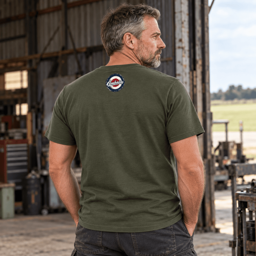 Spitfire Merlin Fury t-shirt in Military Green, back view worn by a model