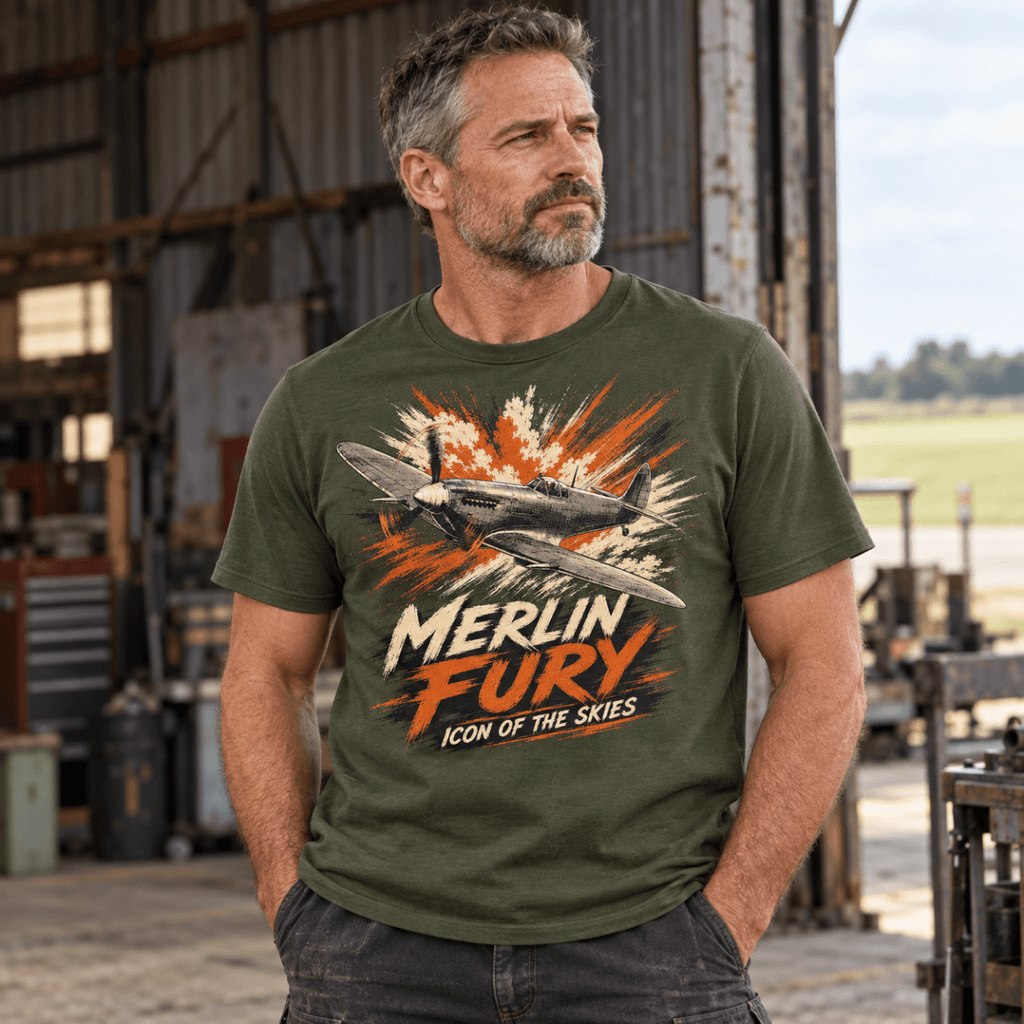 Spitfire Merlin Fury t-shirt in Military Green, front view worn by a model