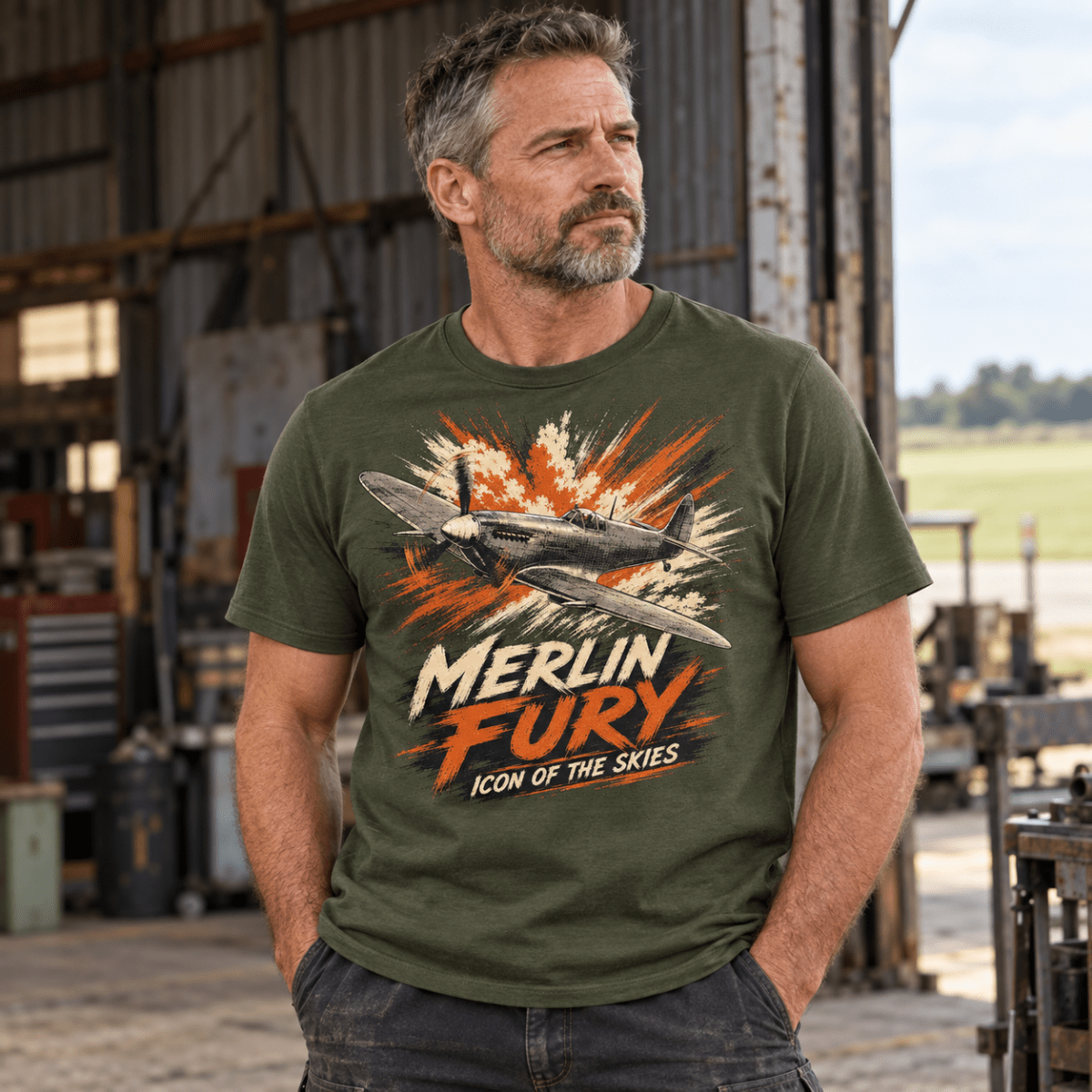 Spitfire Merlin Fury t-shirt in Military Green, front view worn by a model