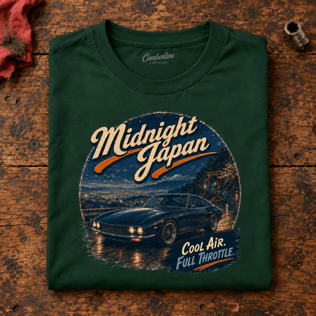 Classic Coupe Graphic T-Shirt – Midnight Japan Classic JDM Street Culture, folded front main hero on a worn automotive workbench – car-ts-0059