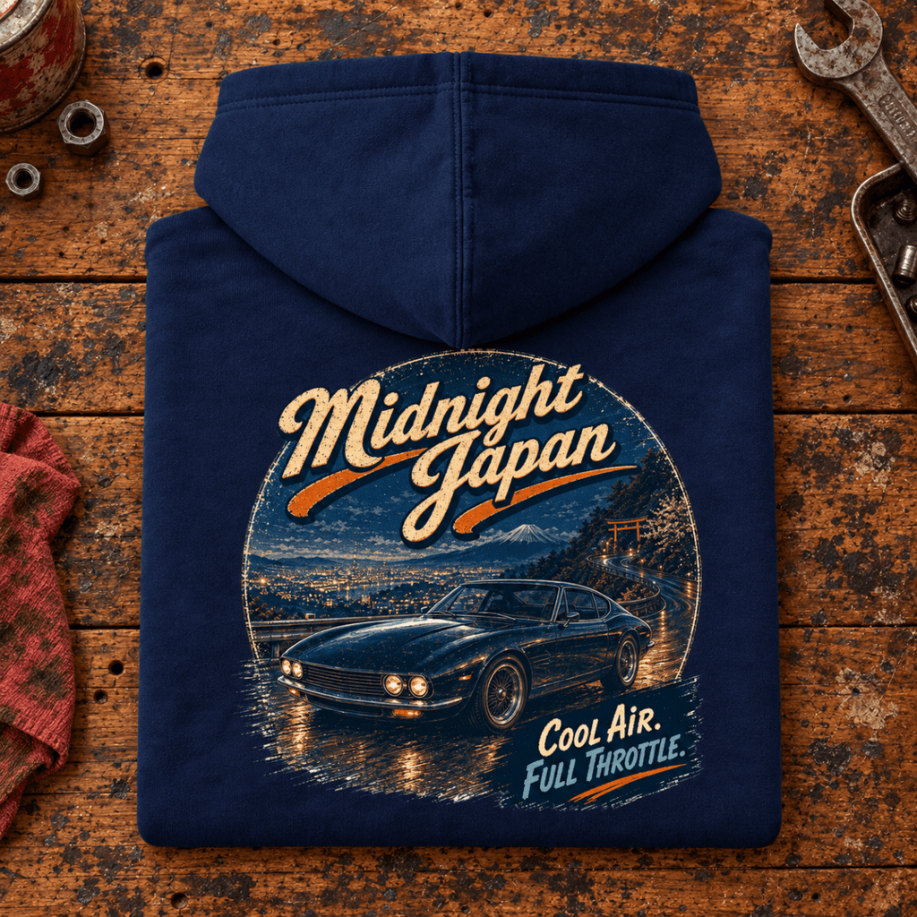 Classic Coupe Graphic Hoodie – Midnight Japan Classic JDM Street Culture, folded back main hero on a worn automotive workbench – car-hd-0059