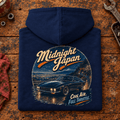 Classic Coupe Graphic Hoodie – Midnight Japan Classic JDM Street Culture, folded back main hero on a worn automotive workbench – car-hd-0059