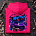 Folded hot pink Midnight Mischief roadster hoodie, rear print on a worn tuning bench — car-hd-0048