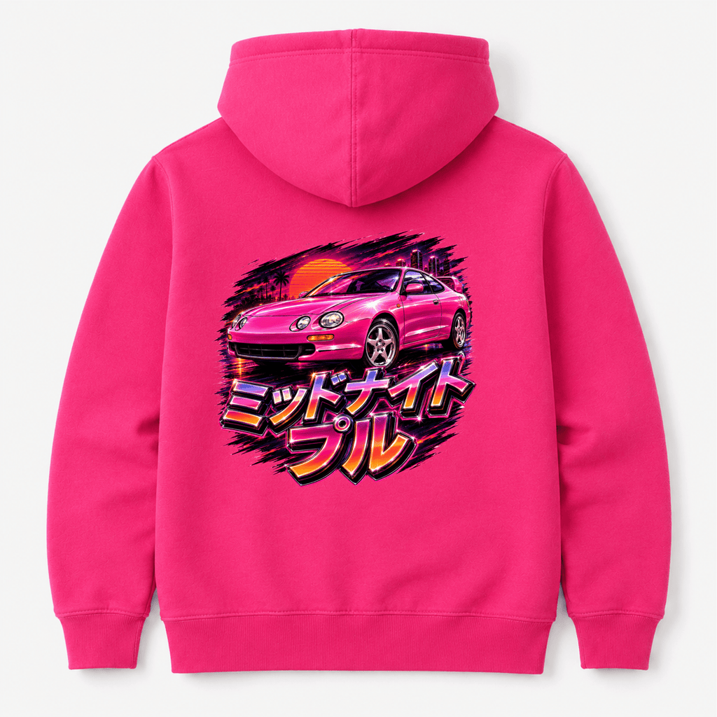 Camberline Cars Midnight Pull Hoodie in Hot Pink showing back graphic
