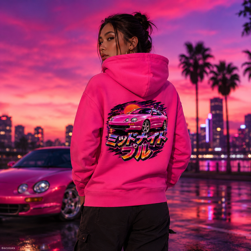 Model wearing Camberline Cars Midnight Pull Hoodie in Hot Pink