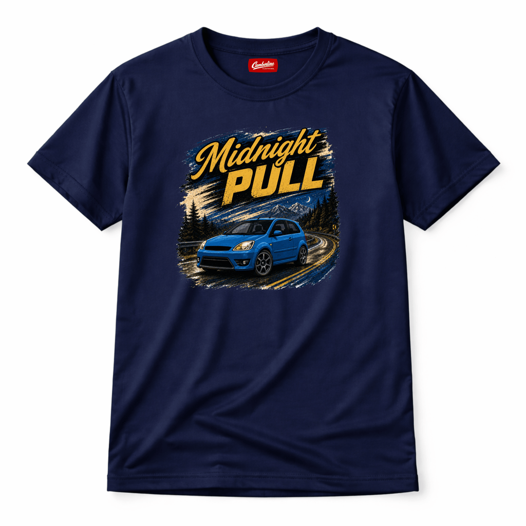 Navy blue t-shirt with 'Midnight Pull' graphic design featuring a car on a white background.