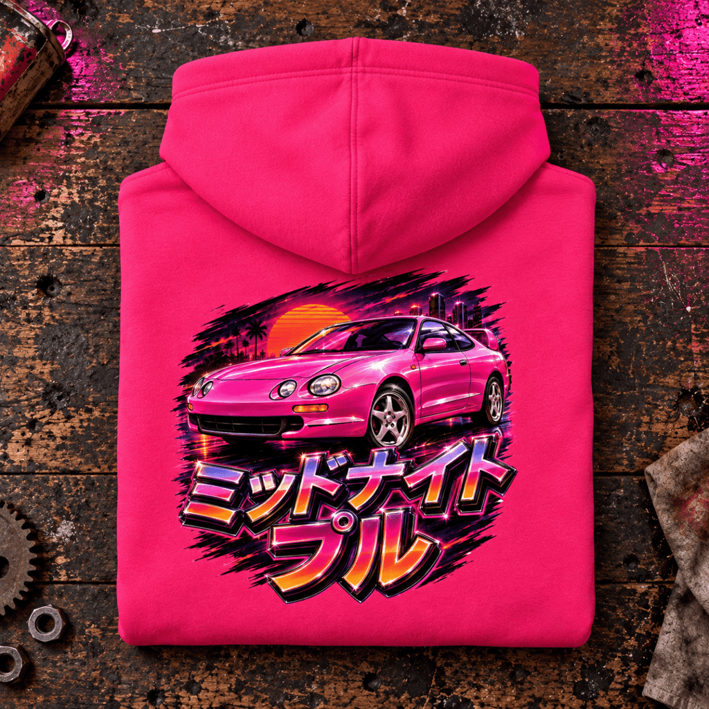 JDM Car Graphic Hoodie – Midnight Pull Sports Car Night Drive, folded back main hero on a worn automotive workbench – car-hd-0021