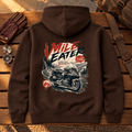 Mile Eater luxury touring motorcycle brown hoodie back hero on a premium travel bench