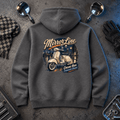 Mirror Line Mod scooter charcoal hoodie back hero in an urban scooter workshop