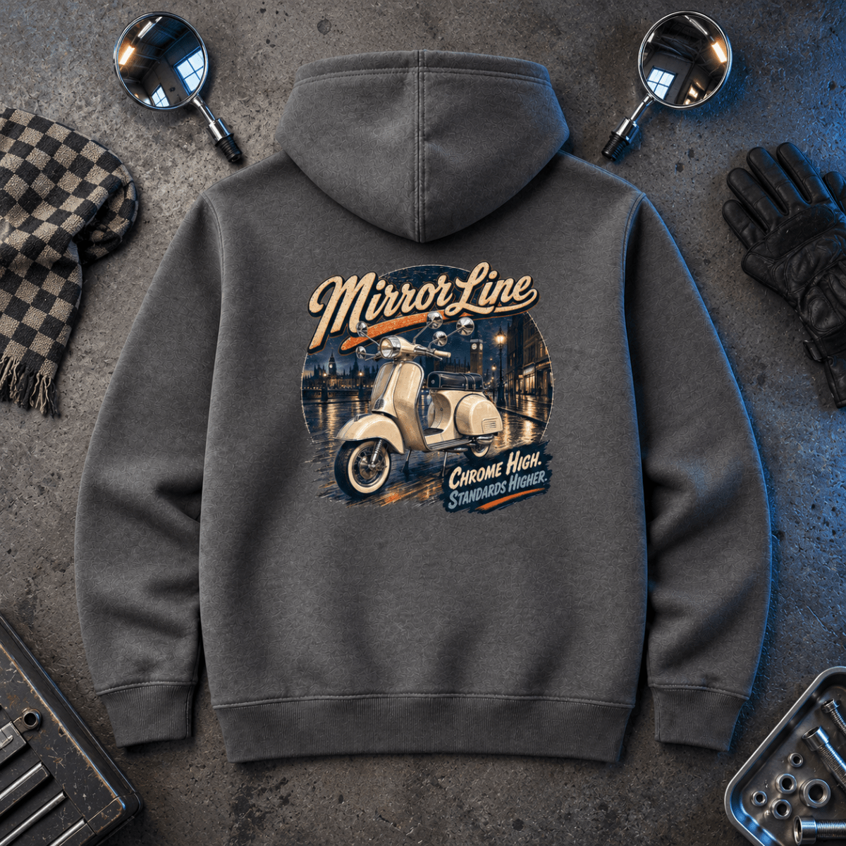 Mirror Line Mod scooter charcoal hoodie back hero in an urban scooter workshop