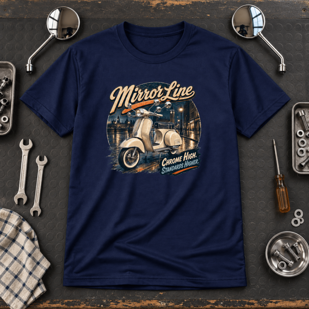 Mirror Line Mod scooter navy T-shirt front hero in a precision vintage workshop