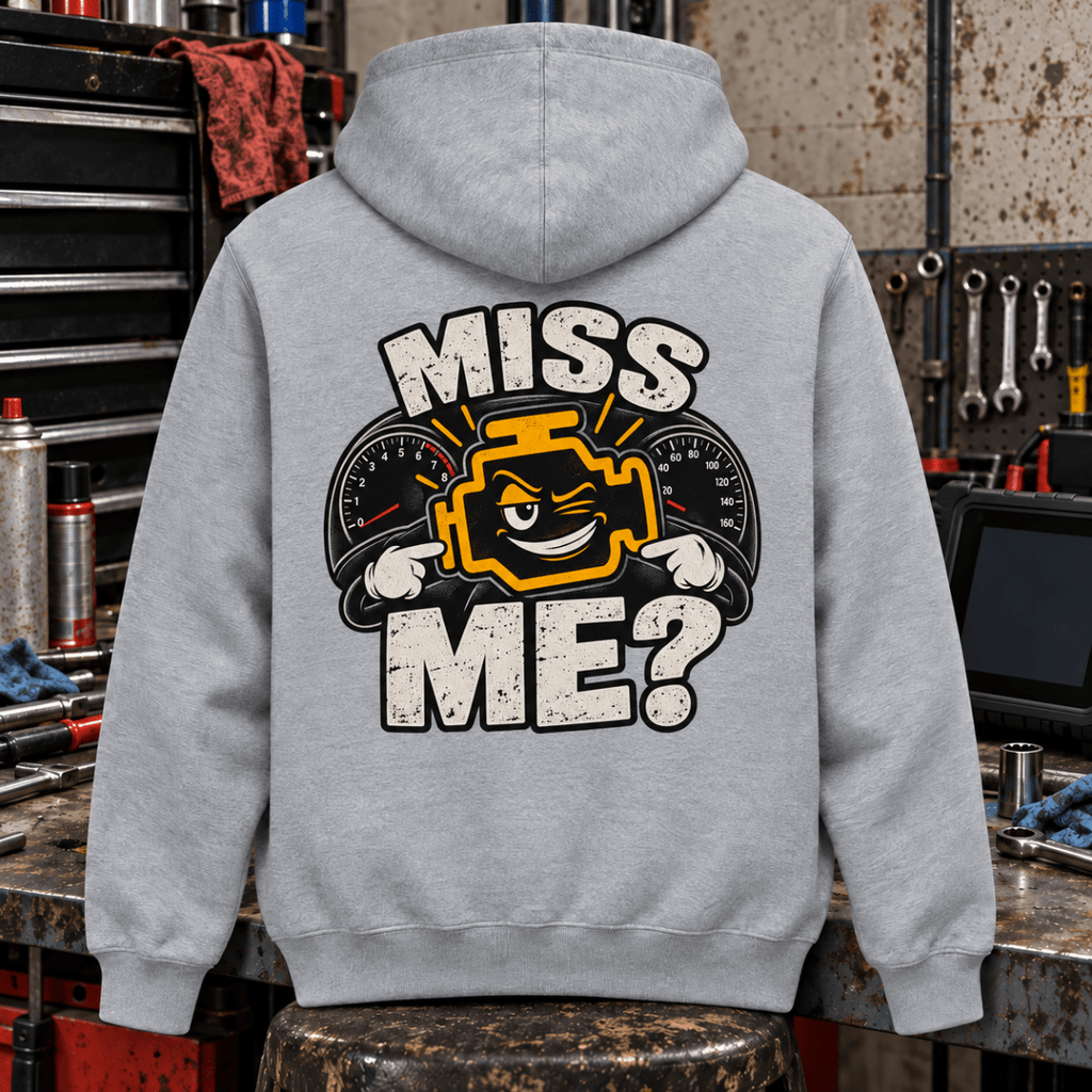 Miss Me? check engine mechanic hoodie in sport grey (heather grey), back workshop garment view – car-hd-0806