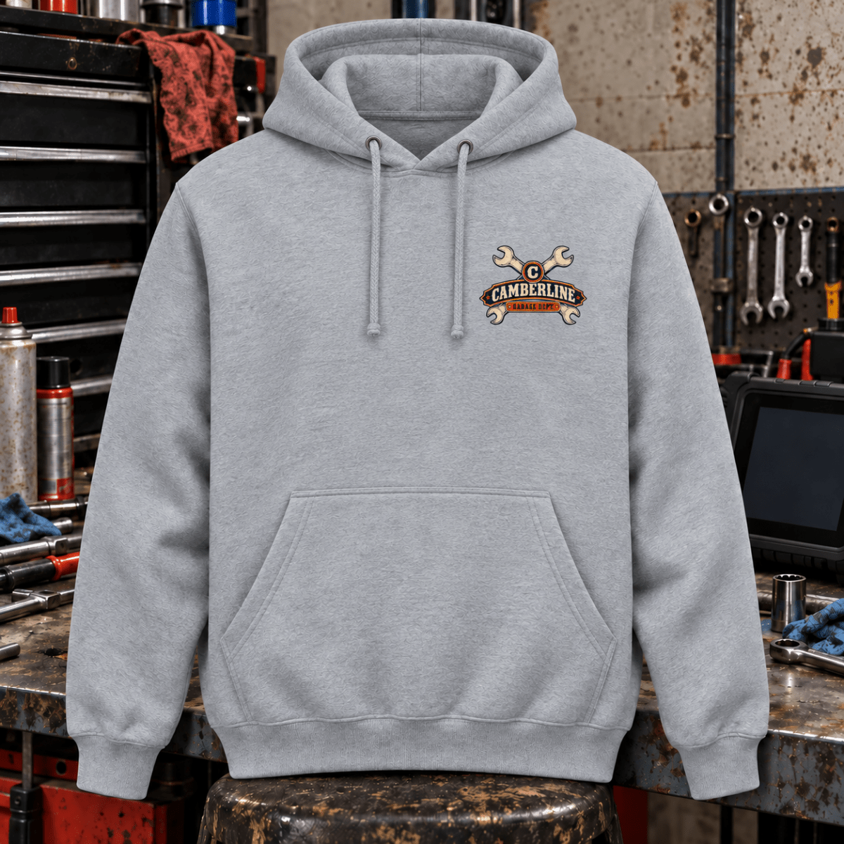 Miss Me? check engine mechanic hoodie in sport grey (heather grey), front workshop garment view – car-hd-0806