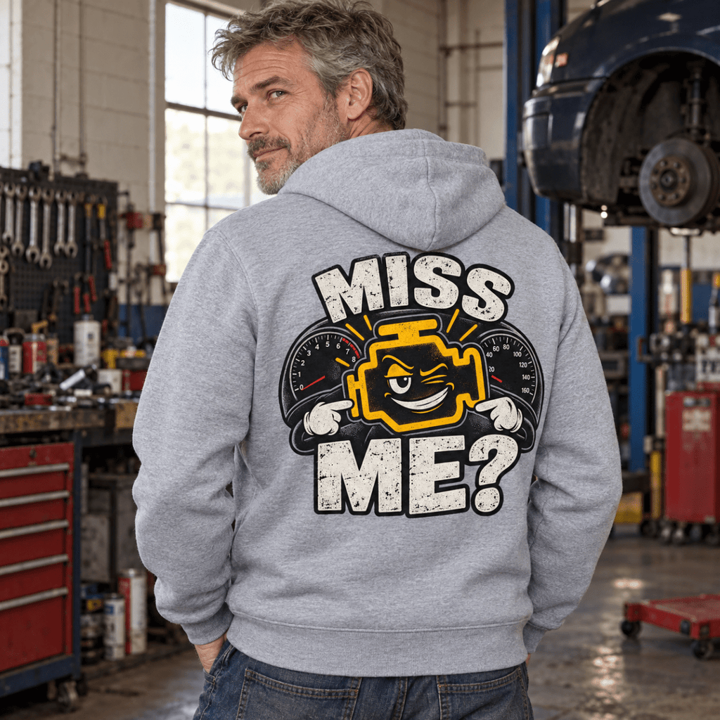 Miss Me? check engine mechanic hoodie in sport grey (heather grey), model back – car-hd-0806
