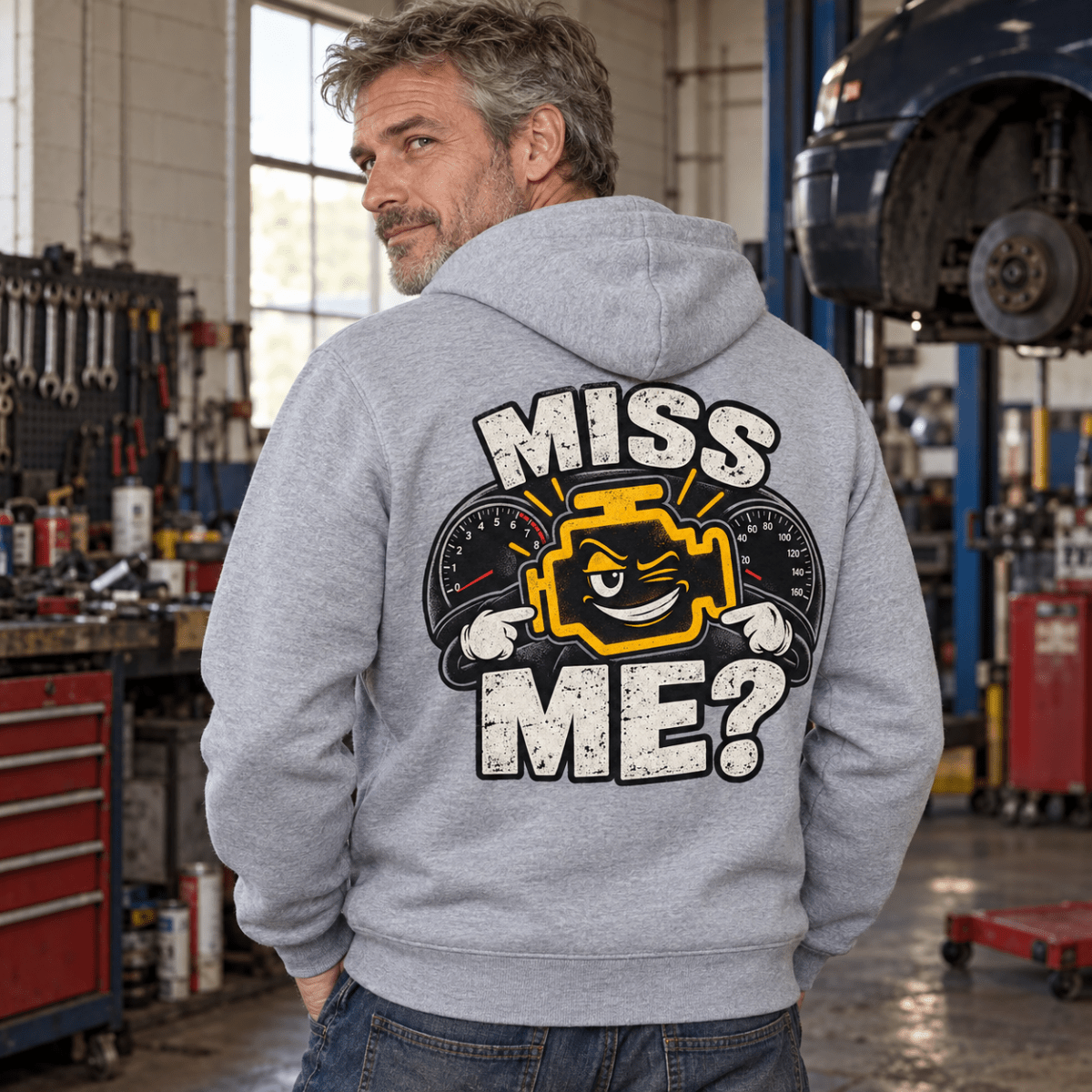 Miss Me? check engine mechanic hoodie in sport grey (heather grey), model back – car-hd-0806