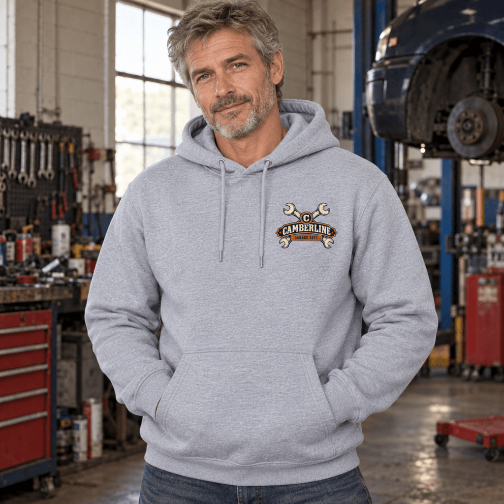 Miss Me? check engine mechanic hoodie in sport grey (heather grey), model front – car-hd-0806