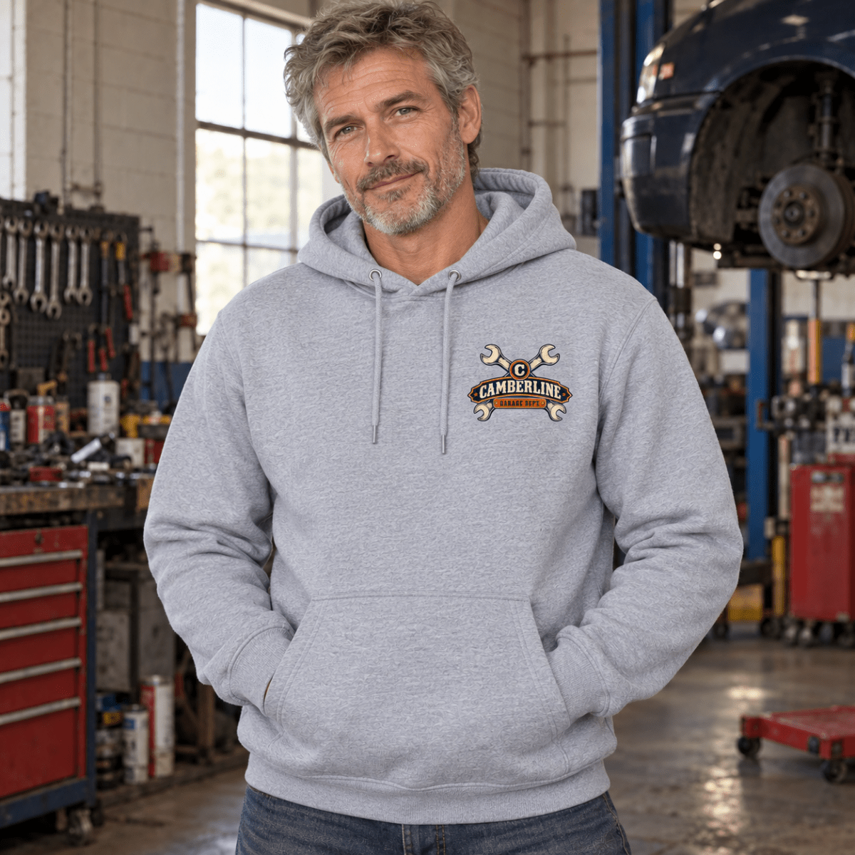 Miss Me? check engine mechanic hoodie in sport grey (heather grey), model front – car-hd-0806