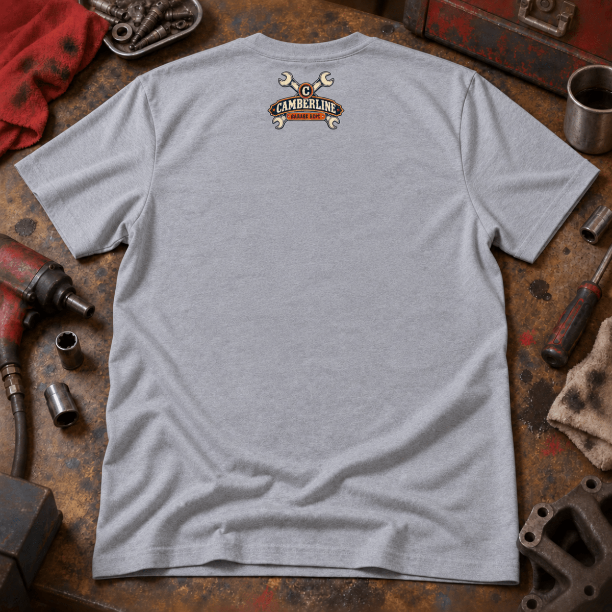Miss Me? check engine mechanic t-shirt in sport grey (heather grey), back garment view – car-ts-0806