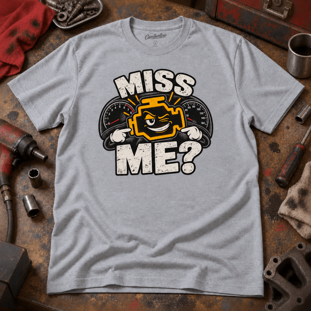 Miss Me? check engine mechanic t-shirt in sport grey (heather grey), front workshop garment view – car-ts-0806