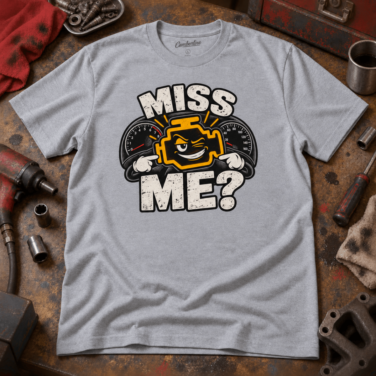 Miss Me? check engine mechanic t-shirt in sport grey (heather grey), front workshop garment view – car-ts-0806