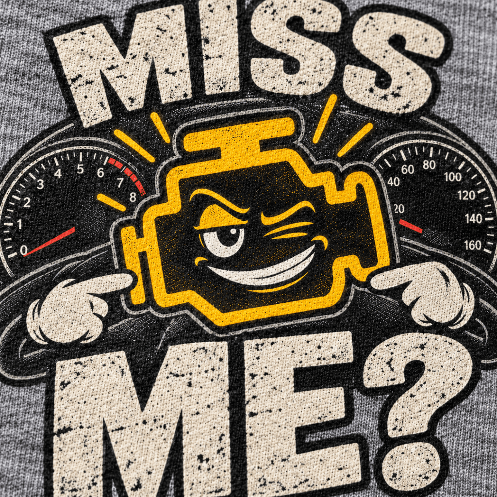 Miss Me? check engine mechanic t-shirt in sport grey (heather grey), print close-up – car-ts-0806