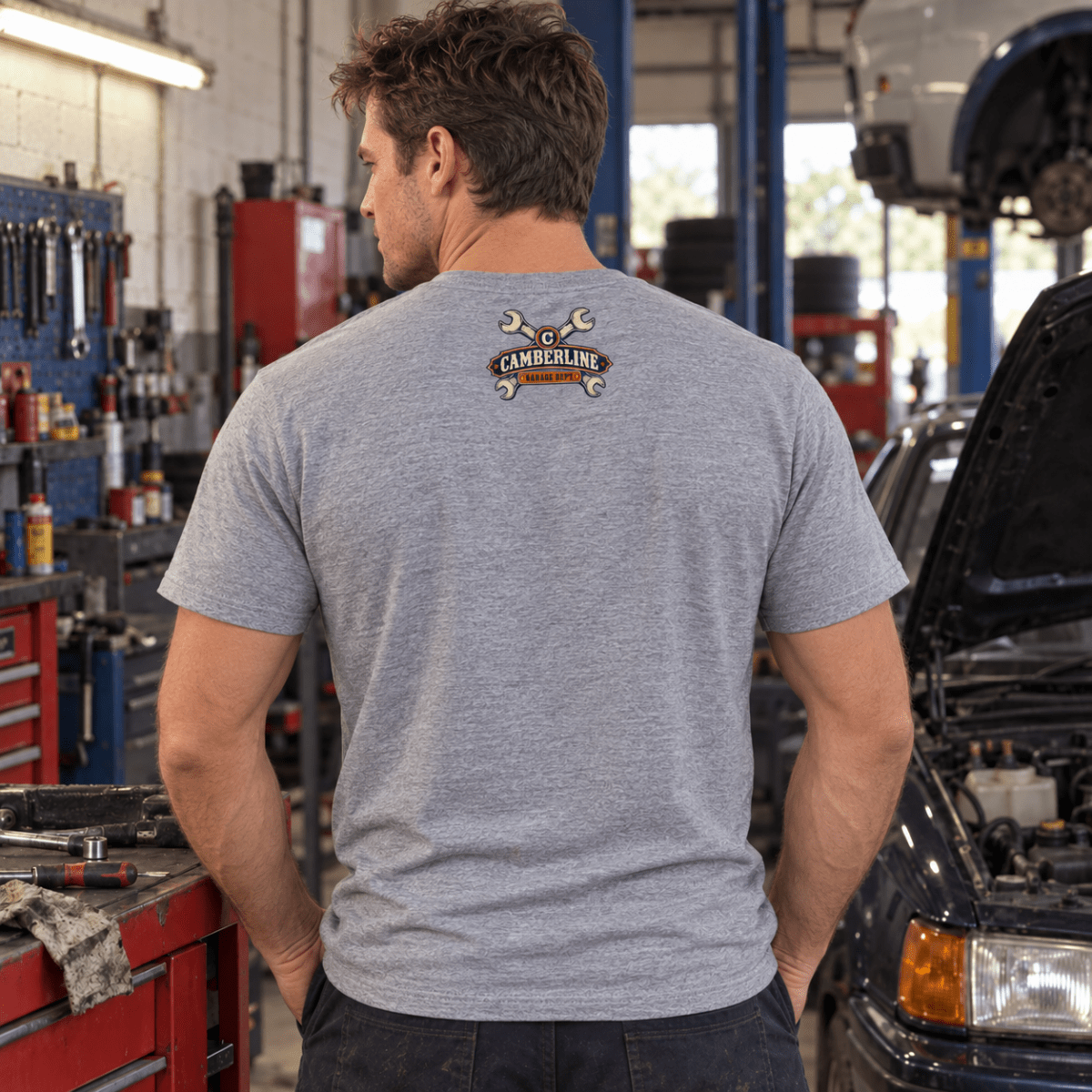Miss Me? check engine mechanic t-shirt in sport grey (heather grey), model back – car-ts-0806