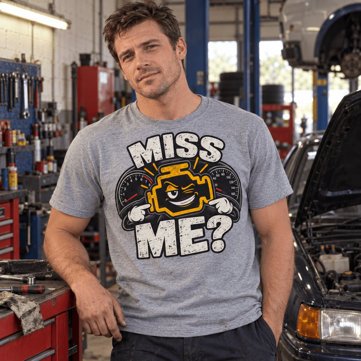Miss Me? check engine mechanic t-shirt in sport grey (heather grey), model front – car-ts-0806