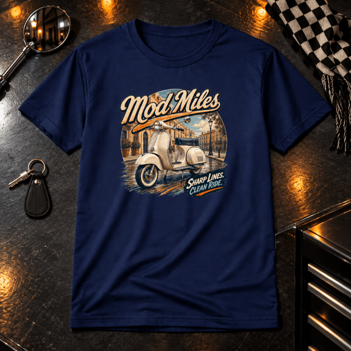 Mod Miles classic scooter navy T-shirt front hero in a refined urban garage