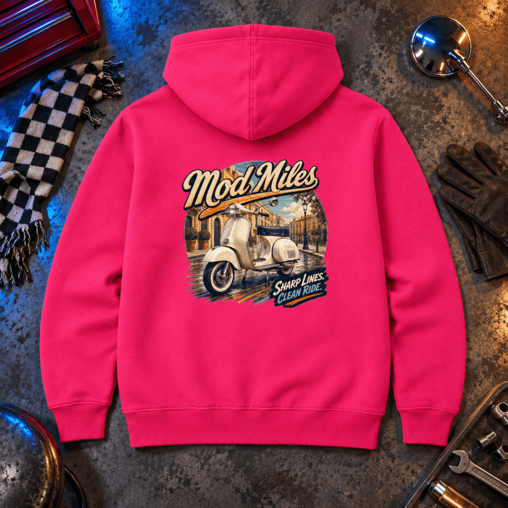 Mod Miles classic scooter pink hoodie back hero in a retro night workshop
