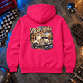 Mod Miles classic scooter pink hoodie back hero in a retro night workshop