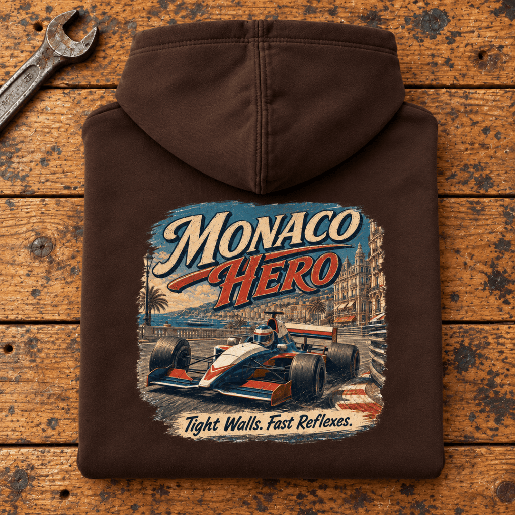 Folded hot chocolate monaco hero formula racing hoodie, rear print on a worn workshop bench — car-hd-0042