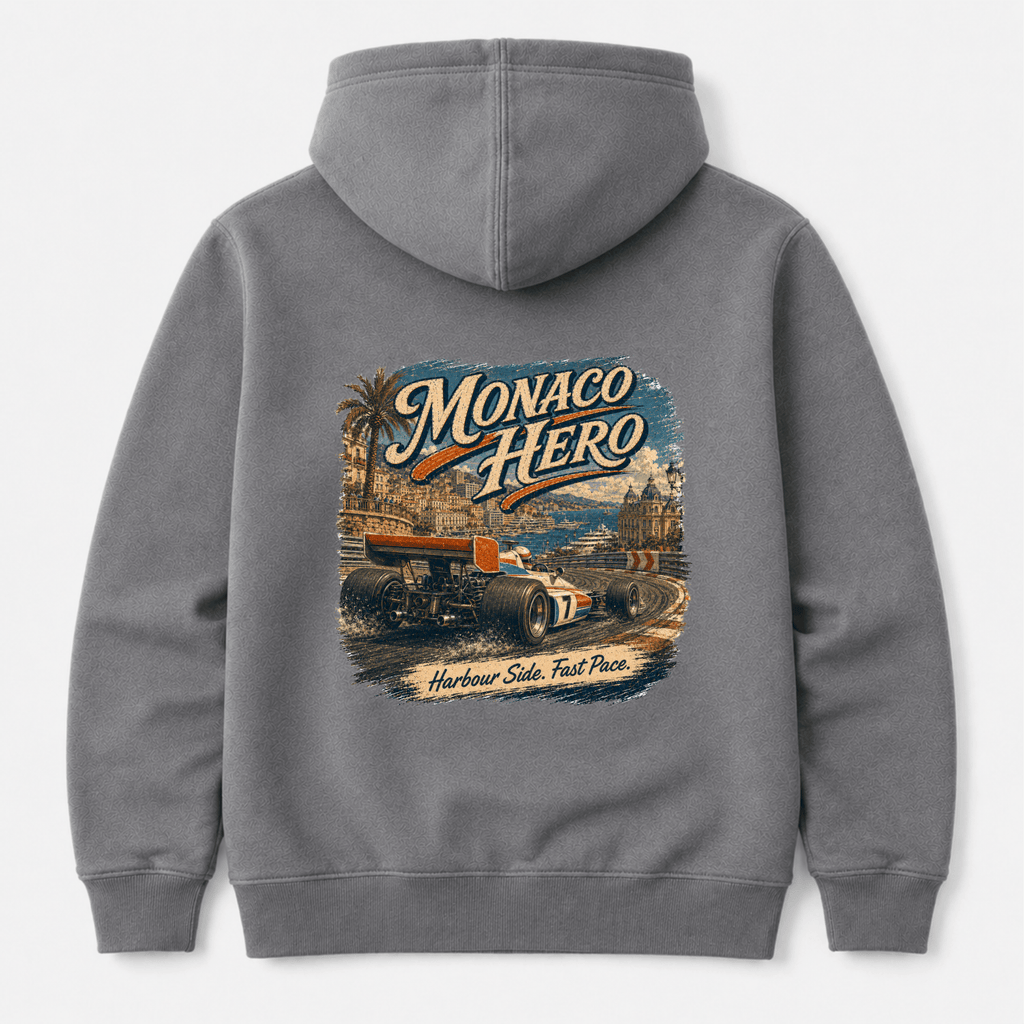 Camberline Cars Monaco Hero Hoodie in Shark Grey showing back graphic