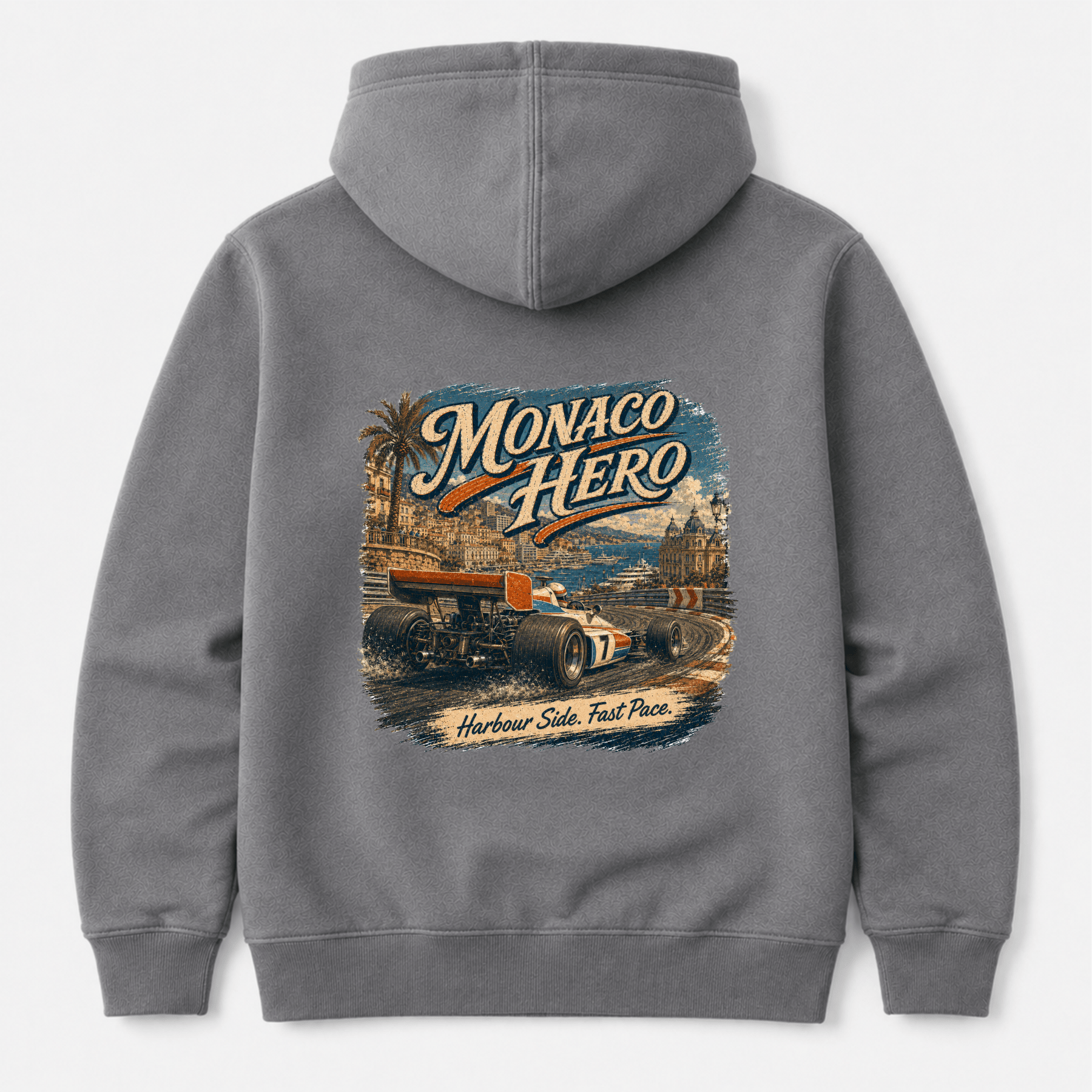Camberline Cars Monaco Hero Hoodie in Shark Grey showing back graphic