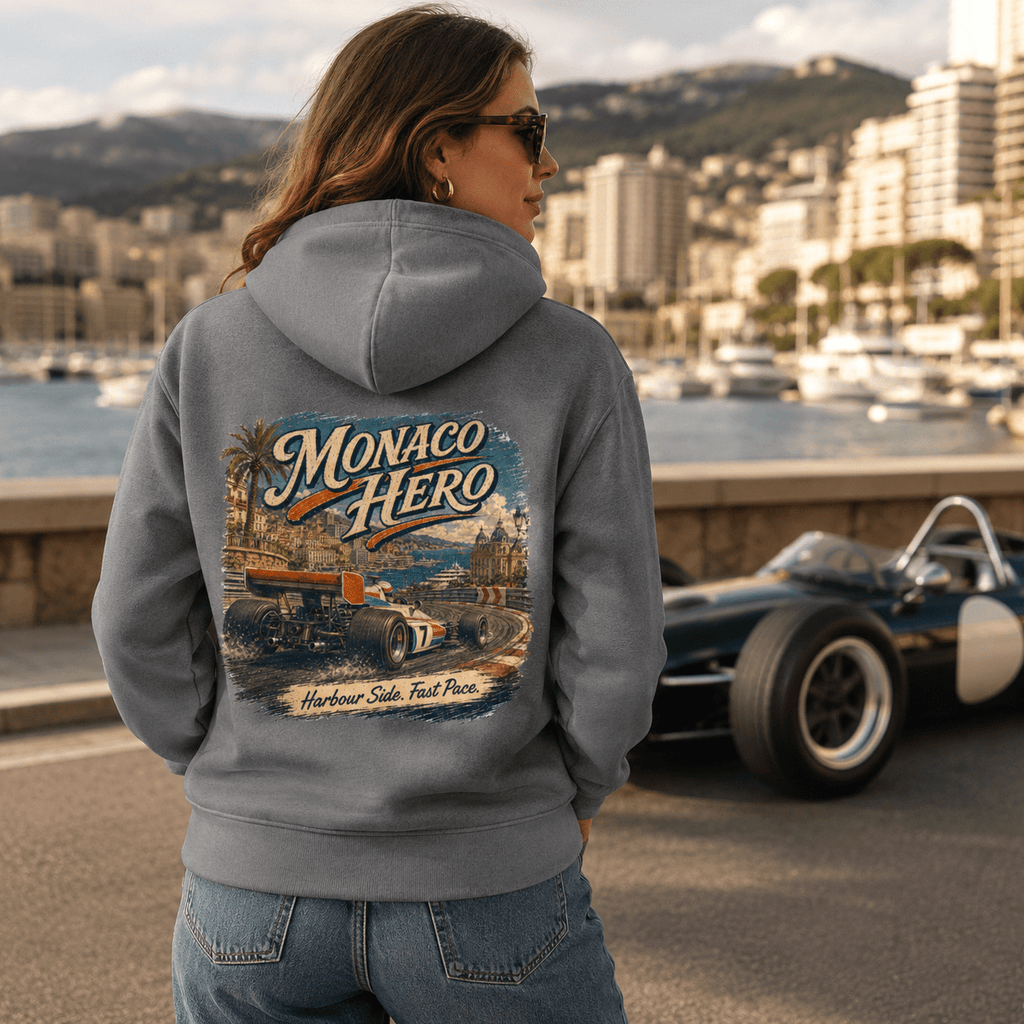 Model wearing Camberline Cars Monaco Hero Hoodie in Shark Grey
