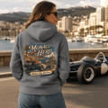 Model wearing Camberline Cars Monaco Hero Hoodie in Shark Grey