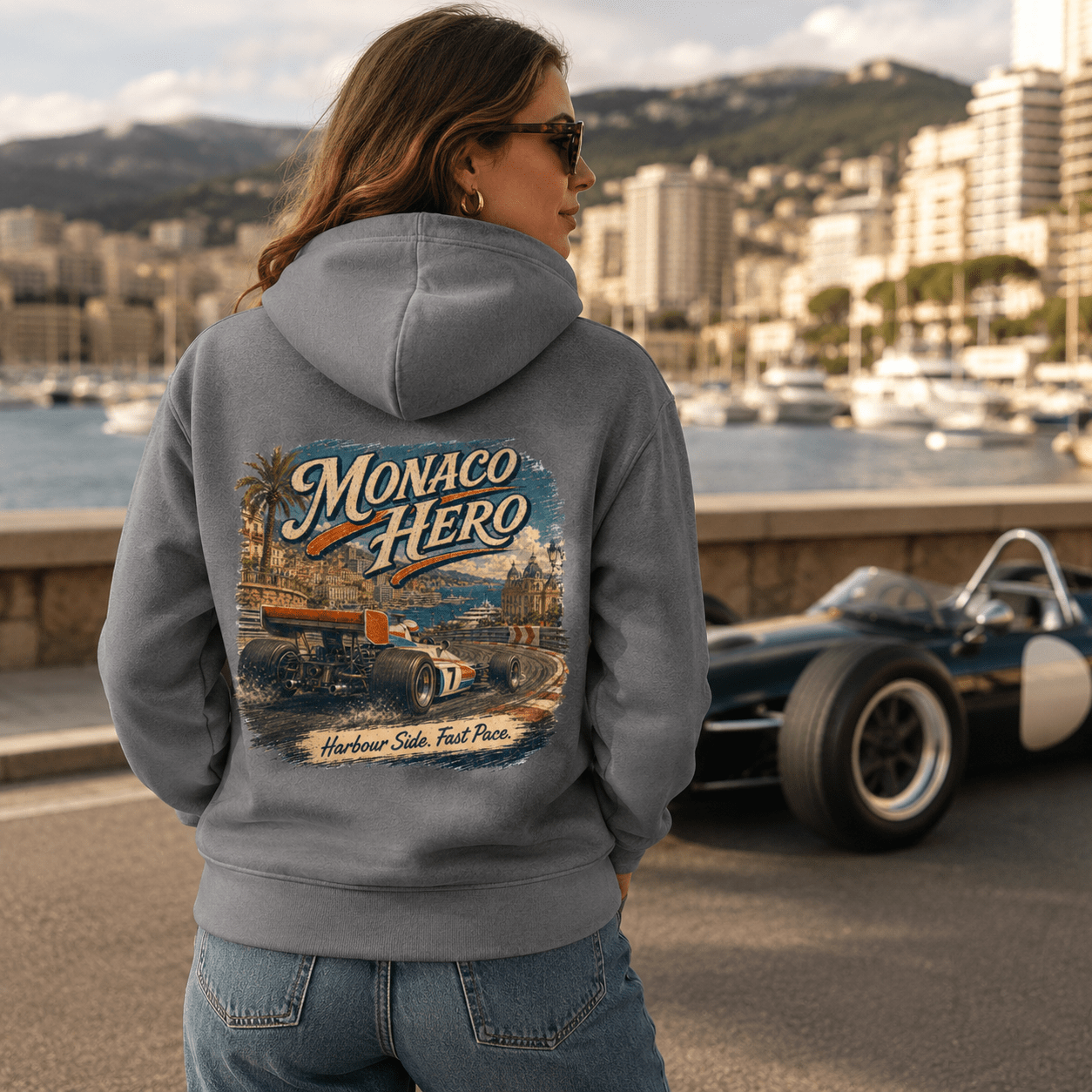 Model wearing Camberline Cars Monaco Hero Hoodie in Shark Grey