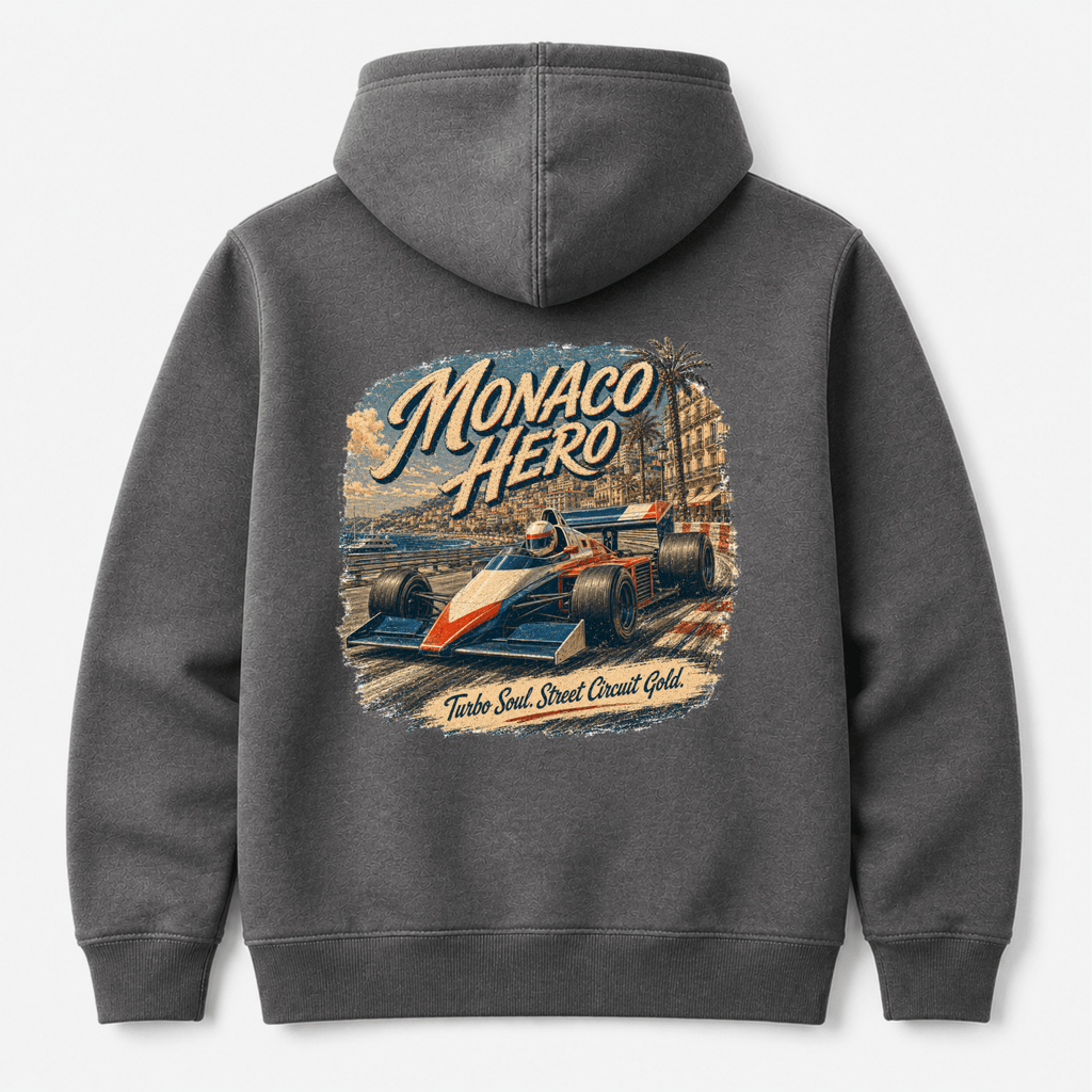Camberline Cars Monaco Hero Hoodie in Shark Grey showing back graphic