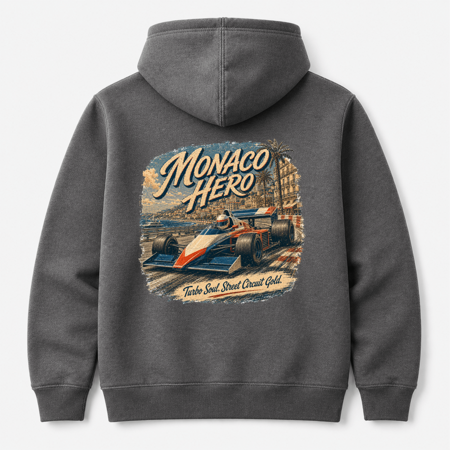 Camberline Cars Monaco Hero Hoodie in Shark Grey showing back graphic