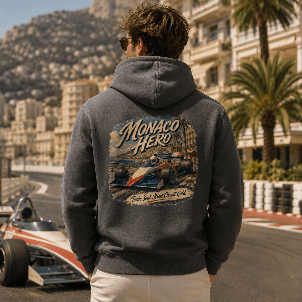 Model wearing Camberline Cars Monaco Hero Hoodie in Shark Grey