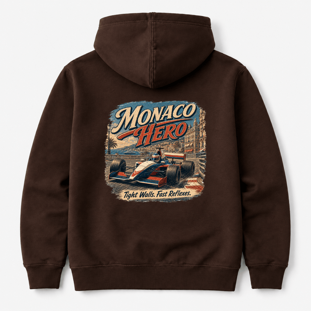 Camberline Cars Monaco Hero Hoodie in Hot Chocolate showing back graphic