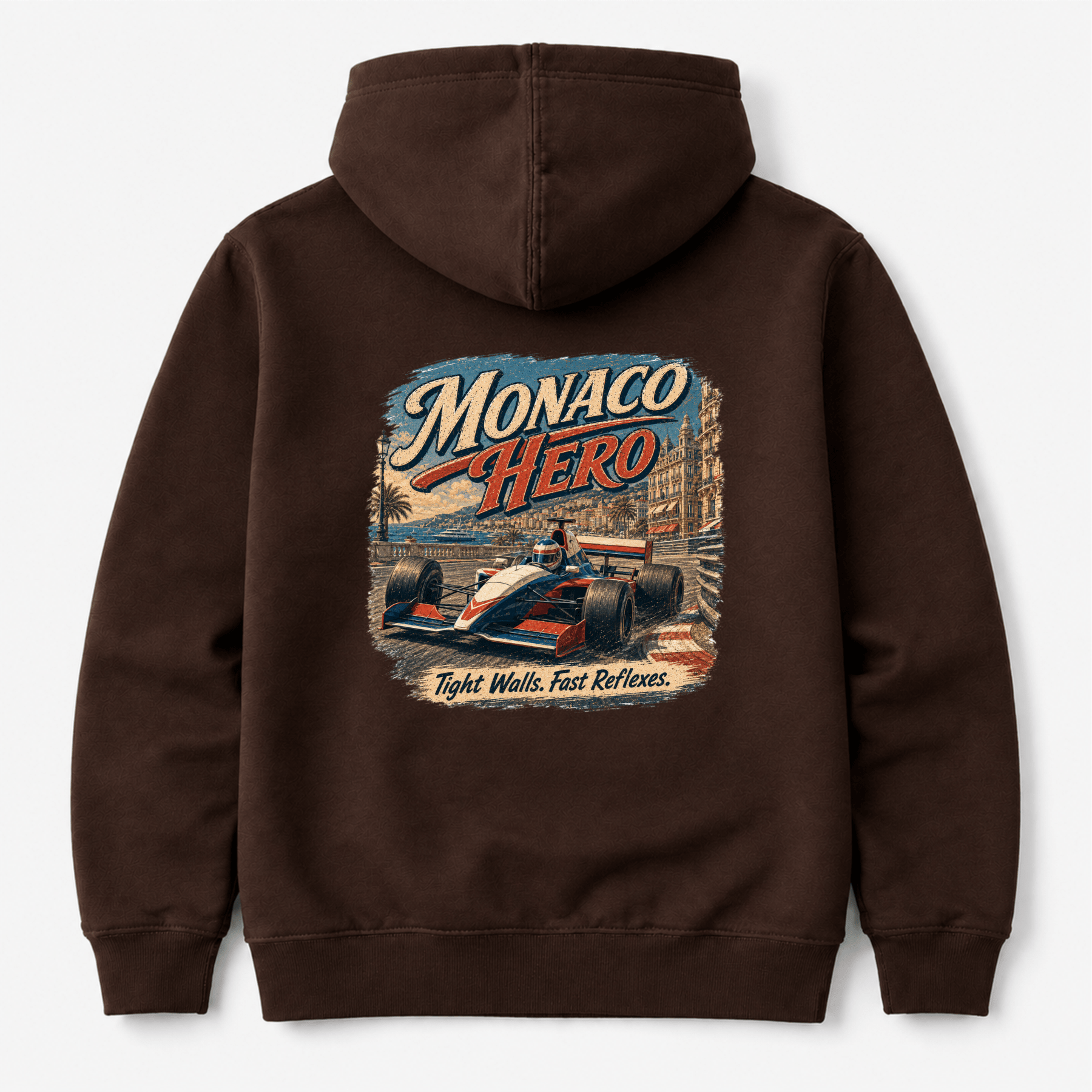 Camberline Cars Monaco Hero Hoodie in Hot Chocolate showing back graphic